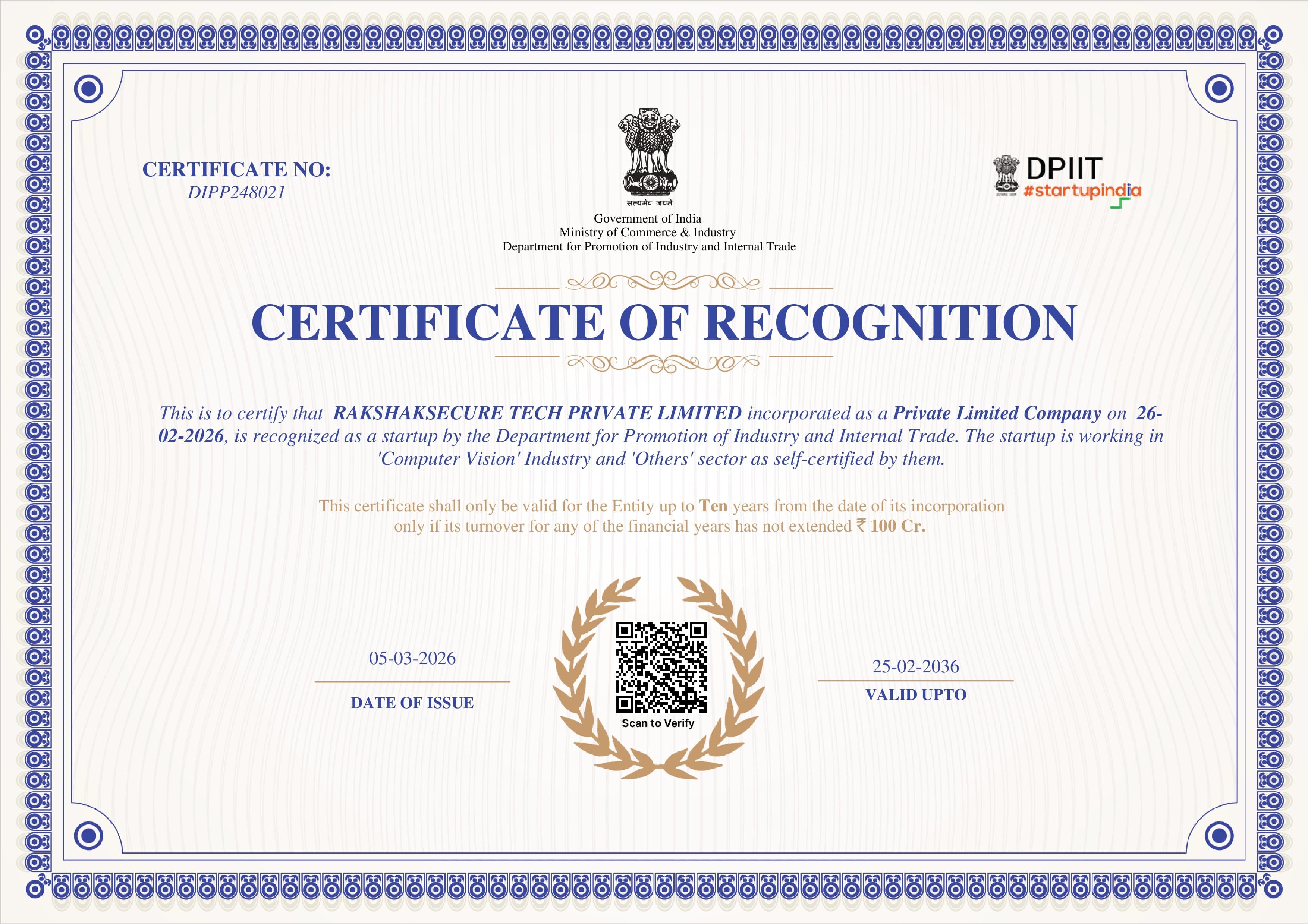 DPIT Certificate - Rakshak SecureTech