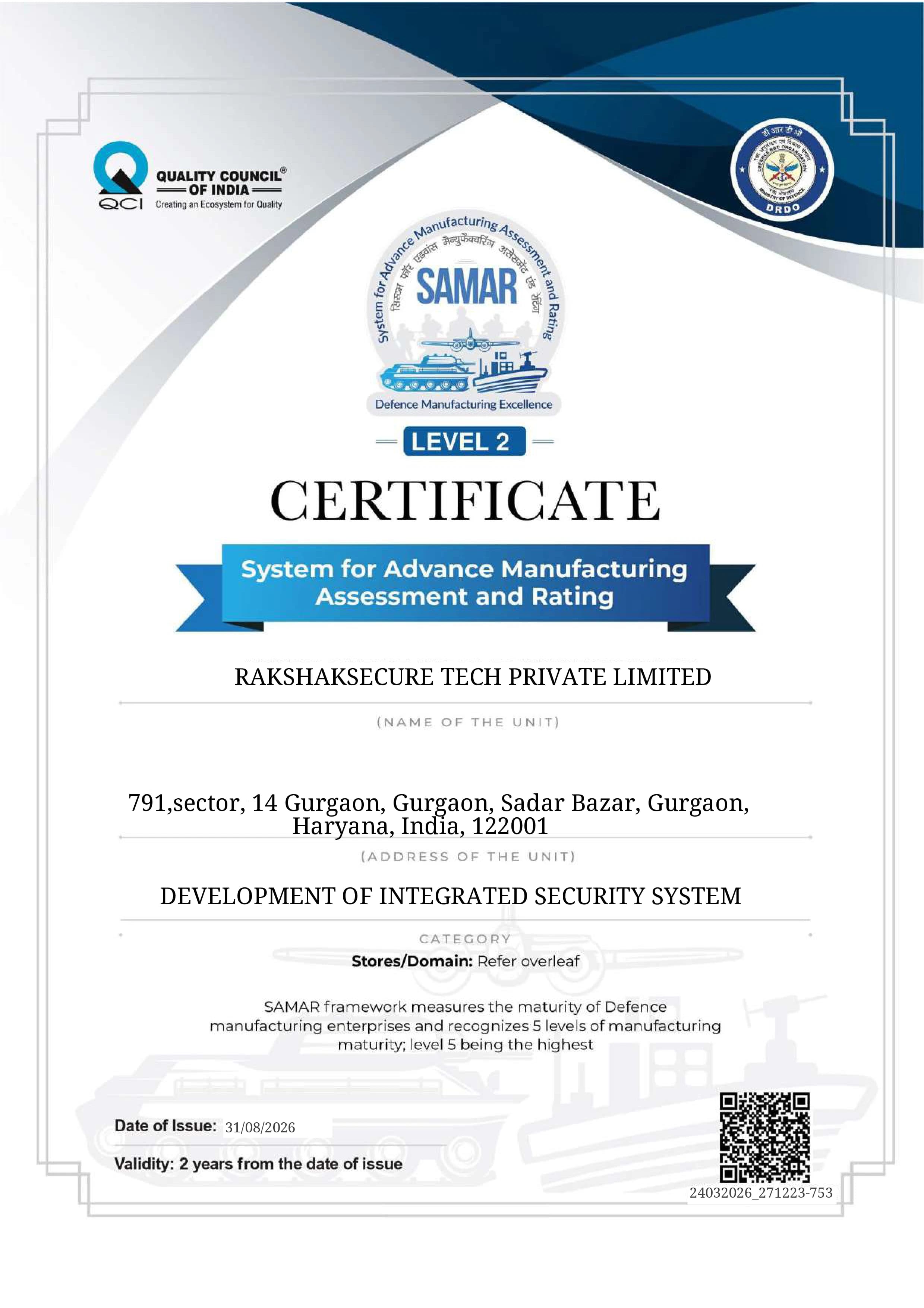SAMAR Certificate - Rakshak SecureTech